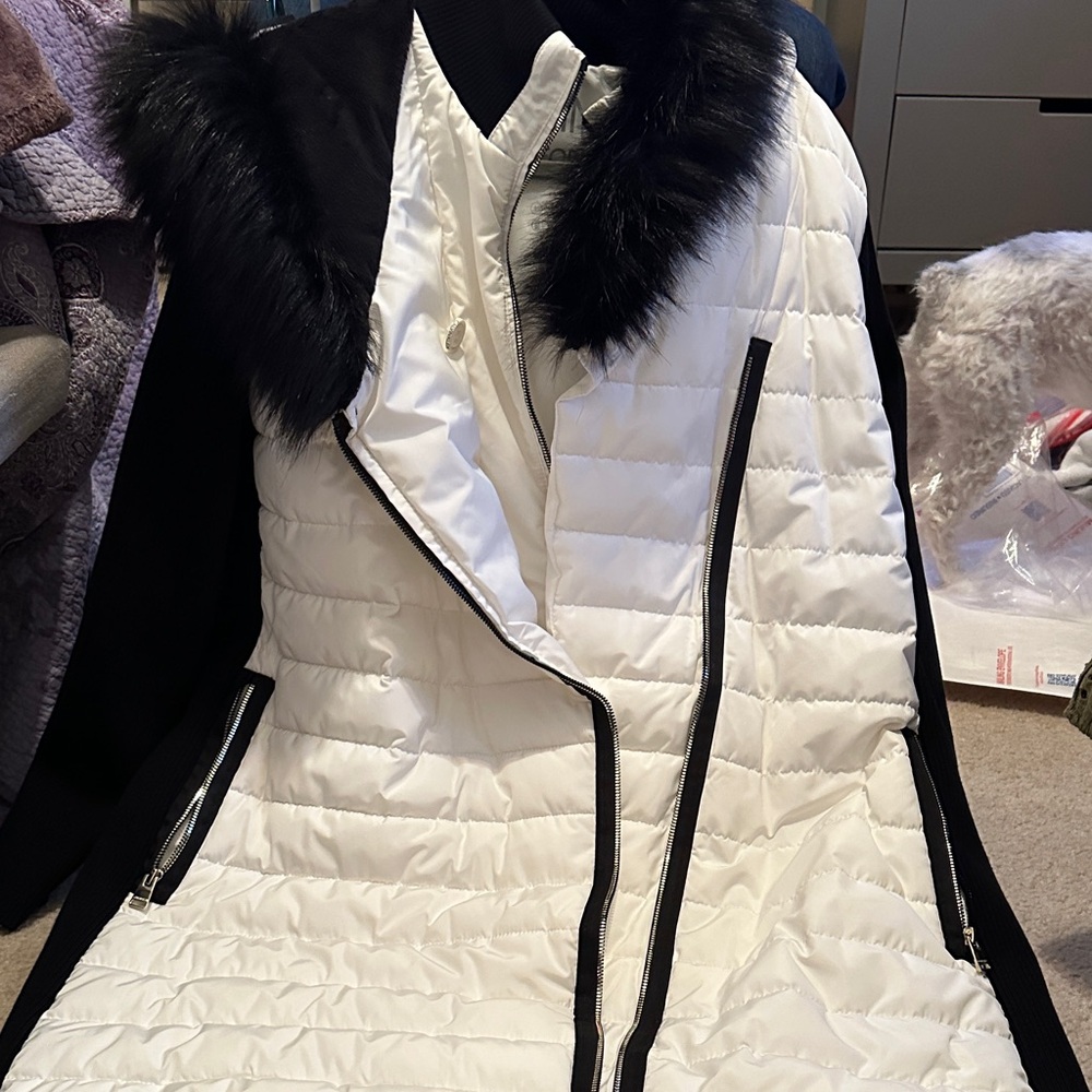 Calvin Klein Black and White Puffer Jacket with Fur Trim